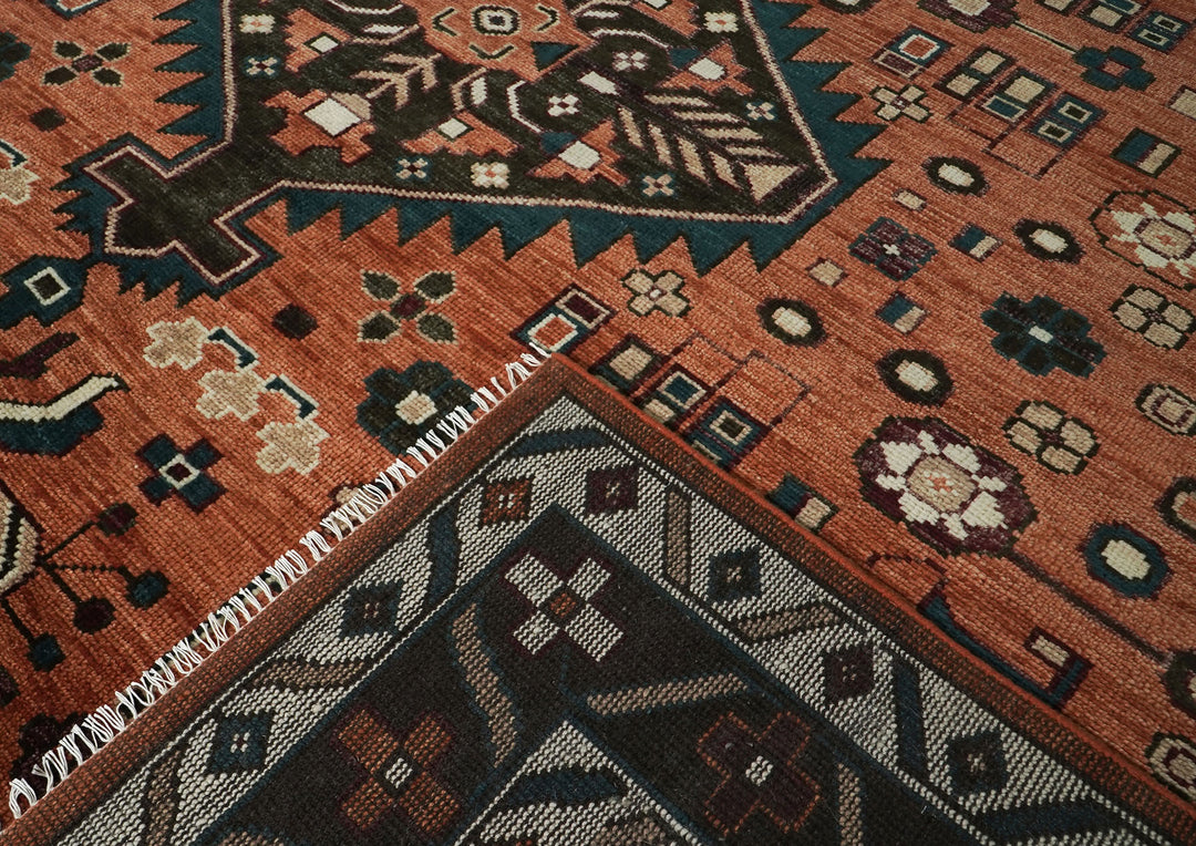 Palace Burnt Orange, Chocolate, Teal Color Hand Knotted Oushak Wool Traditional Oriental Rug