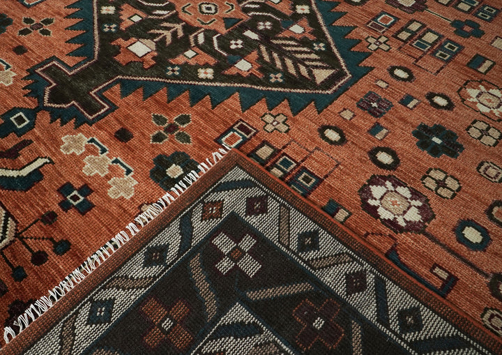 Palace Burnt Orange, Chocolate, Teal Color Hand Knotted Oushak Wool Traditional Oriental Rug