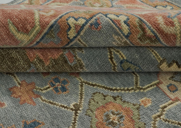 Palace Blue, Burnt Orange, Ivory Color Hand Knotted Oushak Wool  Oriental Rug