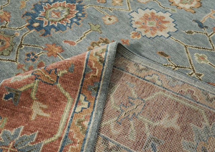 Palace Blue, Burnt Orange, Ivory Color Hand Knotted Oushak Wool  Oriental Rug