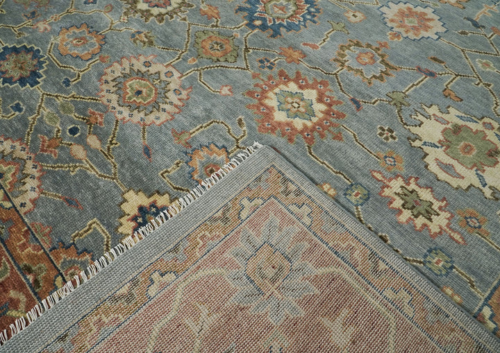 Palace Blue, Burnt Orange, Ivory Color Hand Knotted Oushak Wool  Oriental Rug