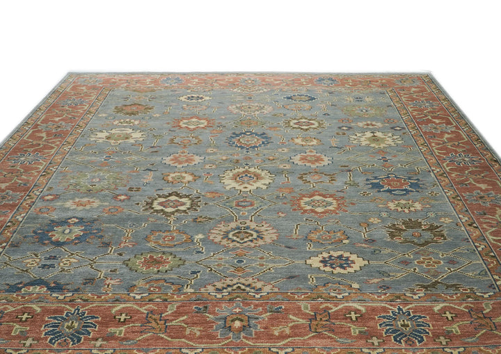 Palace Blue, Burnt Orange, Ivory Color Hand Knotted Oushak Wool  Oriental Rug