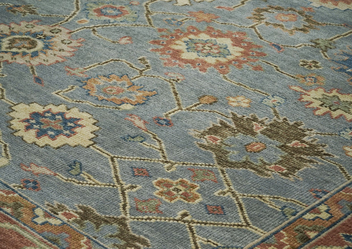 Palace Blue, Burnt Orange, Ivory Color Hand Knotted Oushak Wool  Oriental Rug
