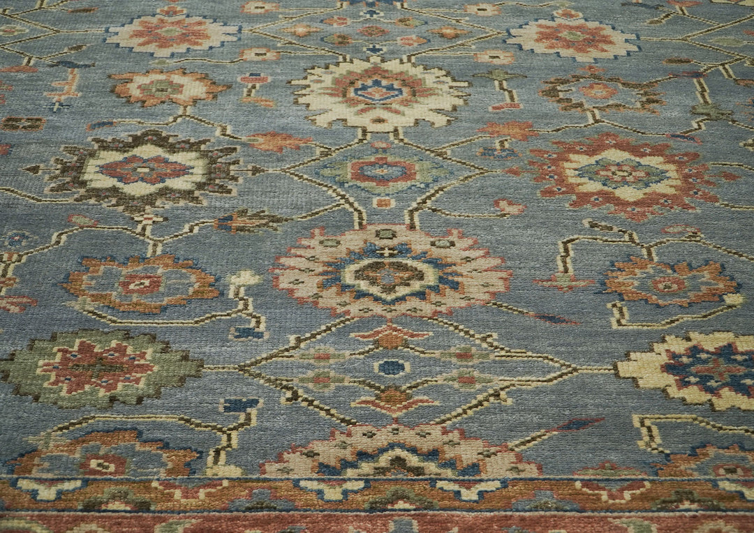 Palace Blue, Burnt Orange, Ivory Color Hand Knotted Oushak Wool  Oriental Rug