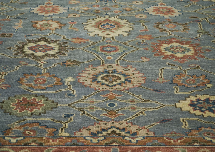 Palace Blue, Burnt Orange, Ivory Color Hand Knotted Oushak Wool  Oriental Rug