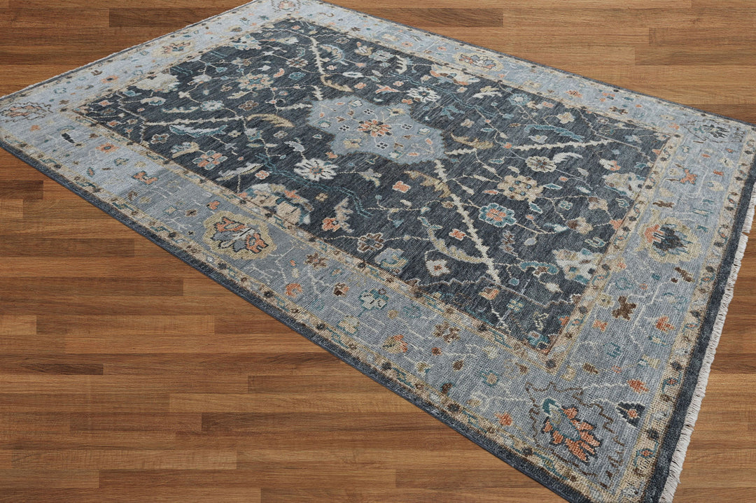 Celeste Rugs Hand Knotted 8'7''x11'7'' Wool Oriental Area Rug Slate Featuring a Traditional Oushak Pattern.