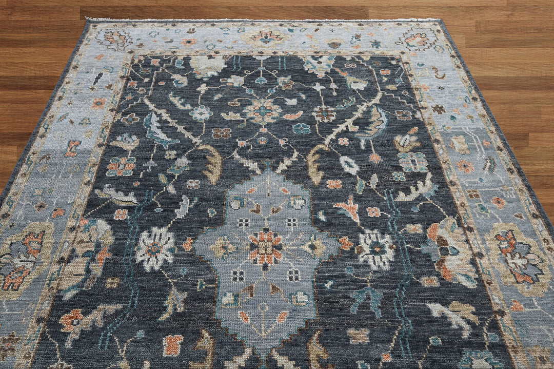 Celeste Rugs Hand Knotted 8'7''x11'7'' Wool Oriental Area Rug Slate Featuring a Traditional Oushak Pattern.