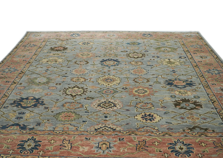 12x15 Blue, Rose, Navy Color Hand Knotted Oushak Wool Arts and Crafts Oriental Rug