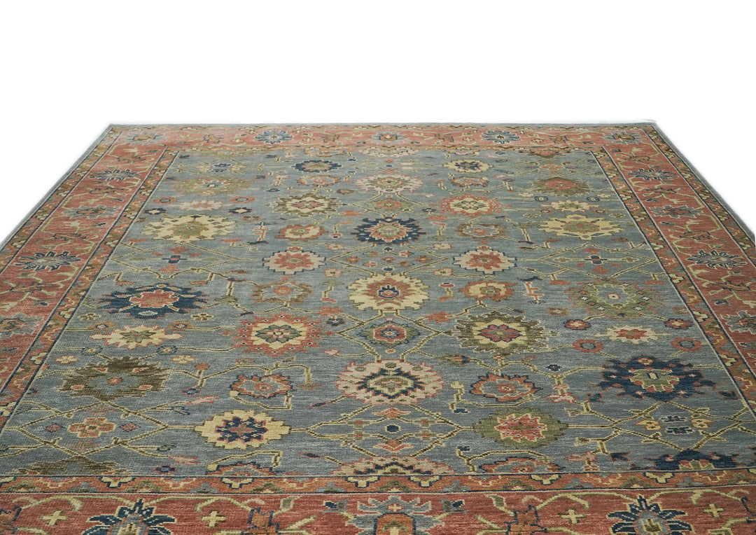 Palace Aqua, Rose, peach Color Hand Knotted Oushak Wool  Oriental Rug