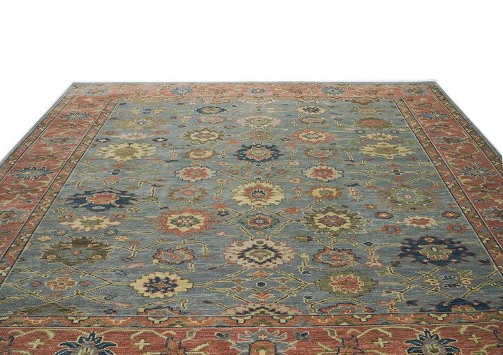 Palace Aqua, Rose, peach Color Hand Knotted Oushak Wool  Oriental Rug