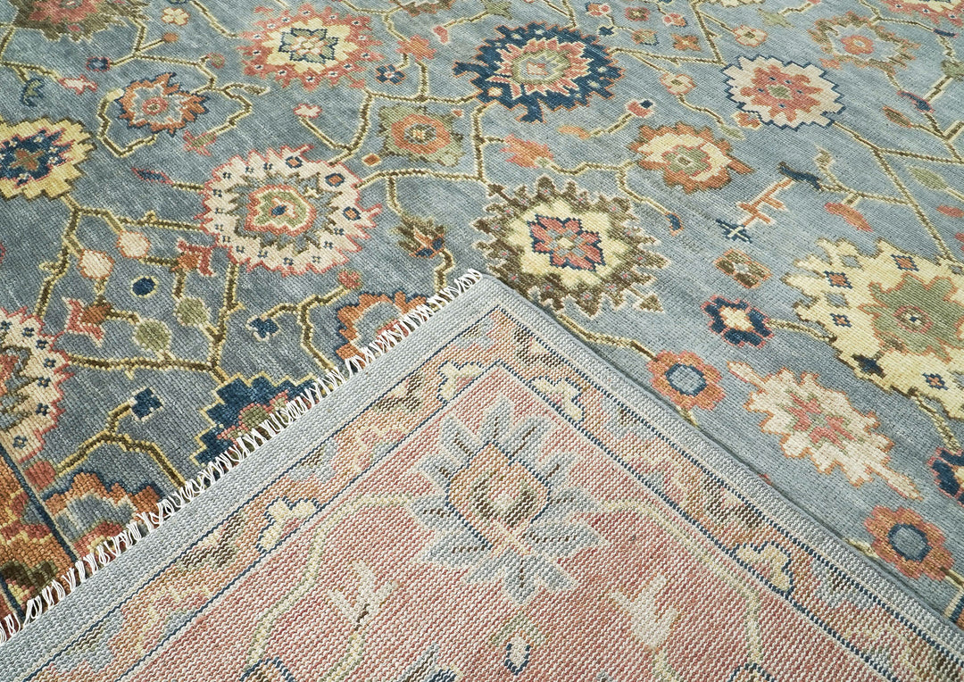 Palace Aqua, Rose, peach Color Hand Knotted Oushak Wool  Oriental Rug
