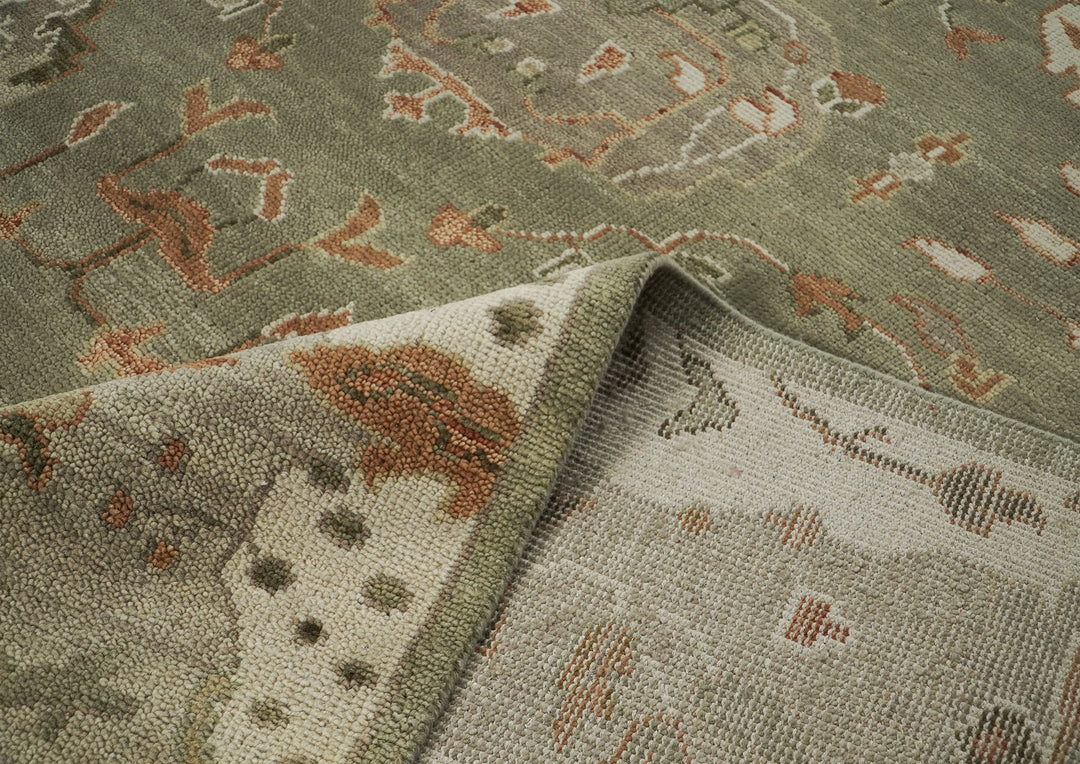 Palace Green, Peach, Beige Color Hand Knotted Oushak Wool Transitional Oriental Rug