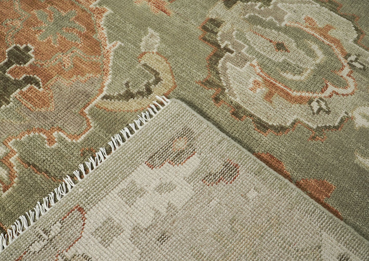 Palace Green, Peach, Beige Color Hand Knotted Oushak Wool Transitional Oriental Rug