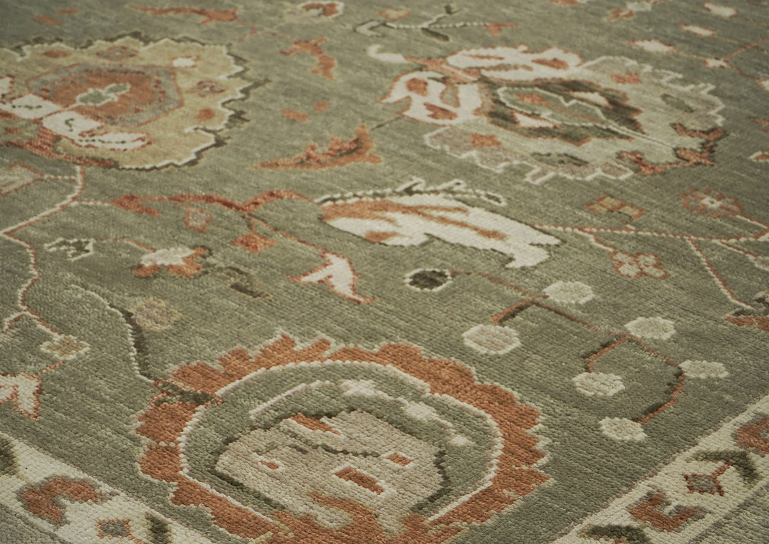 Palace Green, Peach, Beige Color Hand Knotted Oushak Wool Transitional Oriental Rug
