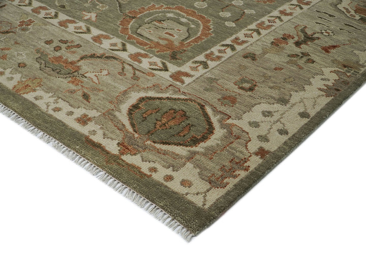 Palace Green, Peach, Beige Color Hand Knotted Oushak Wool Transitional Oriental Rug