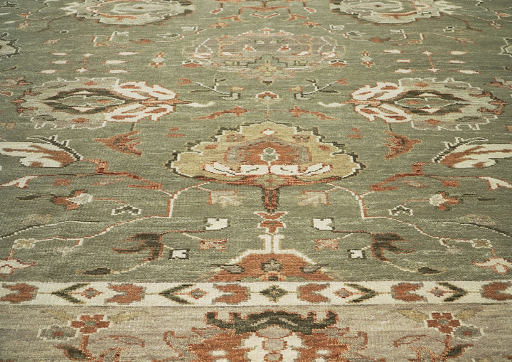 Palace Green, Peach, Beige Color Hand Knotted Oushak Wool Transitional Oriental Rug