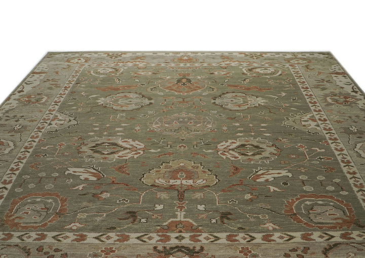 Palace Green, Peach, Beige Color Hand Knotted Oushak Wool Transitional Oriental Rug