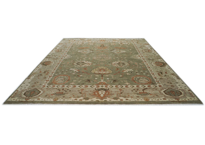 Palace Green, Peach, Beige Color Hand Knotted Oushak Wool Transitional Oriental Rug