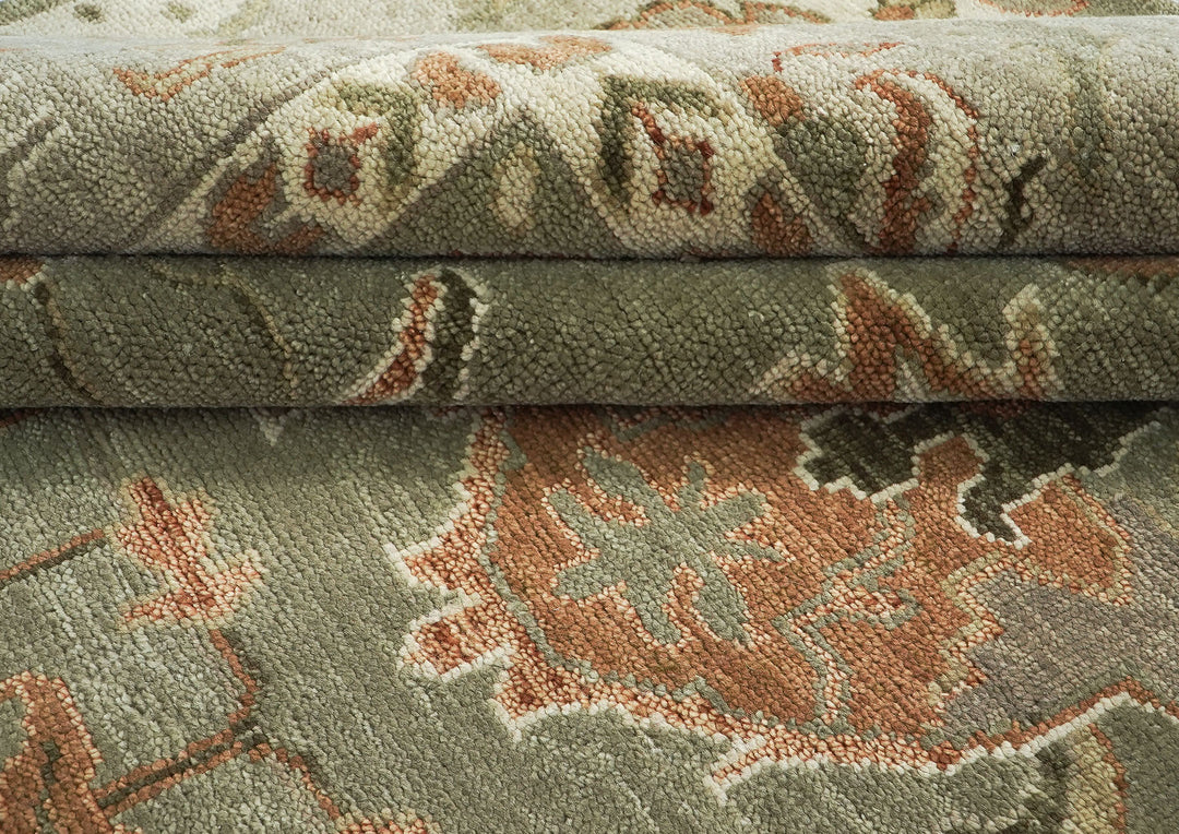 Palace Green, Peach, Beige Color Hand Knotted Oushak Wool Transitional Oriental Rug