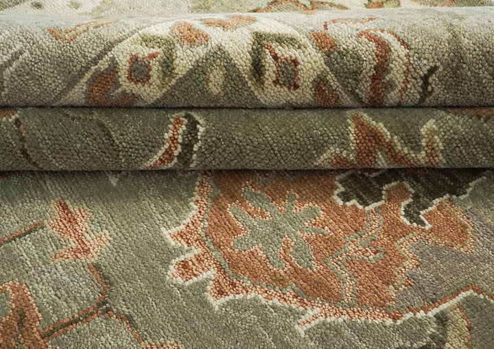 Palace Green, Peach, Beige Color Hand Knotted Oushak Wool Transitional Oriental Rug