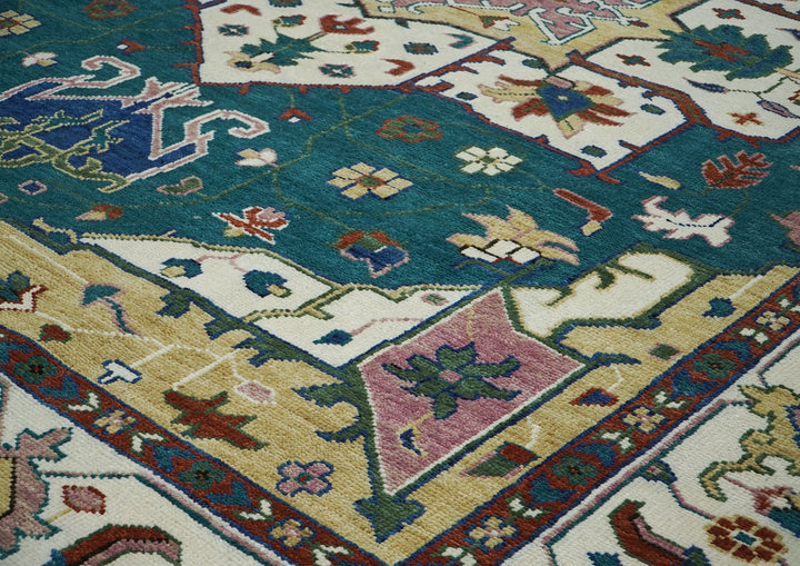 Palace Teal, Ivory, Rust Color Hand Knotted Oushak Wool  Oriental Rug