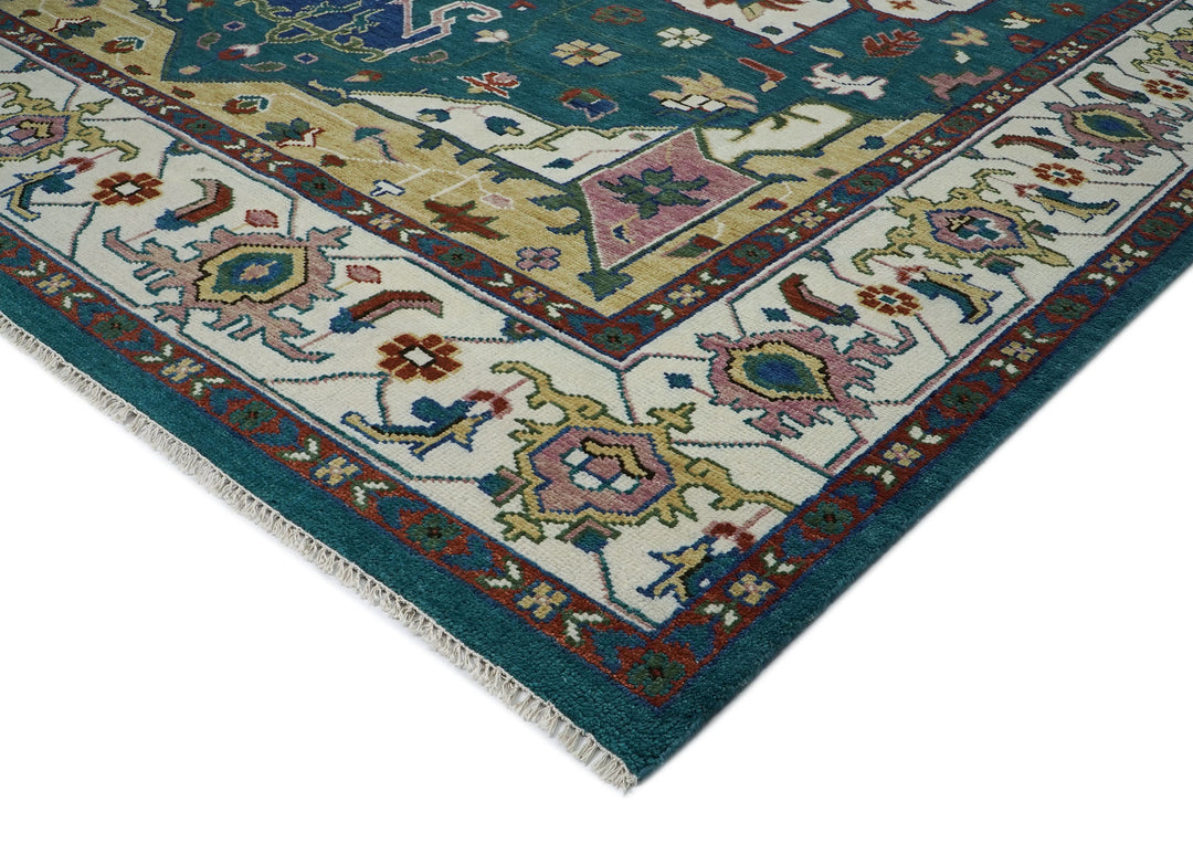 Palace Teal, Ivory, Rust Color Hand Knotted Oushak Wool  Oriental Rug