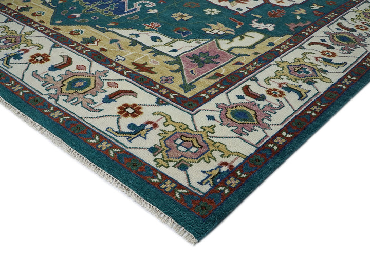 Palace Teal, Ivory, Rust Color Hand Knotted Oushak Wool  Oriental Rug