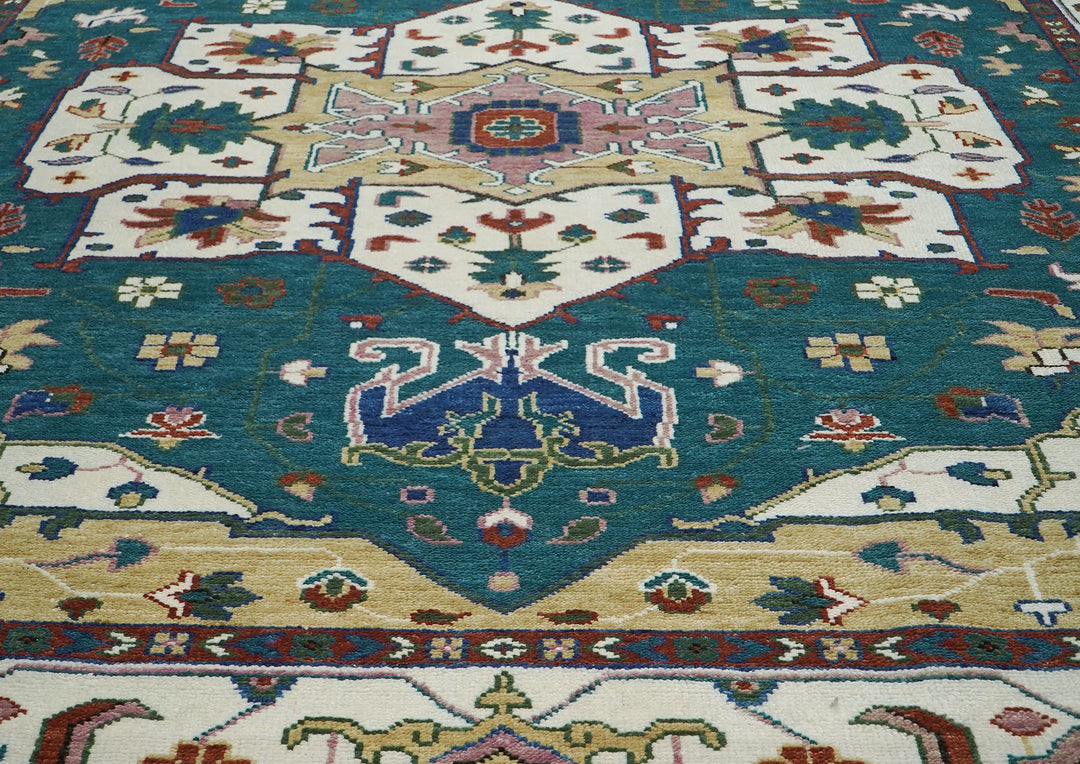 Palace Teal, Ivory, Rust Color Hand Knotted Oushak Wool  Oriental Rug