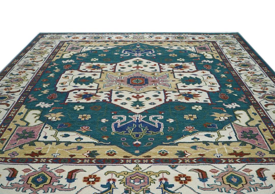 Palace Teal, Ivory, Rust Color Hand Knotted Oushak Wool  Oriental Rug
