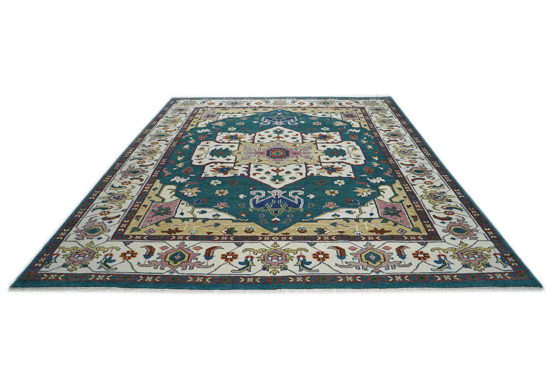 Palace Teal, Ivory, Rust Color Hand Knotted Oushak Wool  Oriental Rug