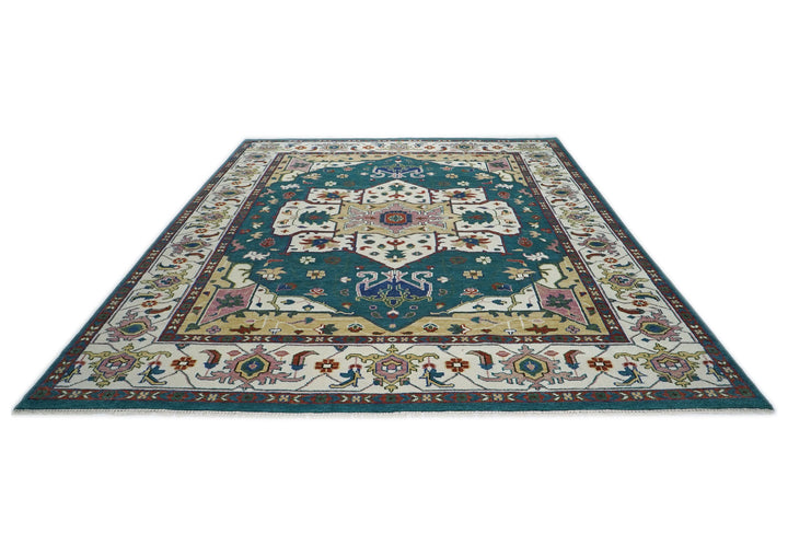 Palace Teal, Ivory, Rust Color Hand Knotted Oushak Wool  Oriental Rug