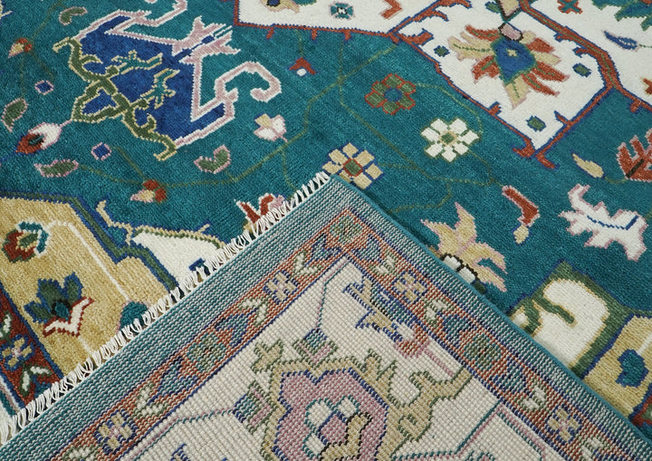 Palace Teal, Ivory, Rust Color Hand Knotted Oushak Wool  Oriental Rug