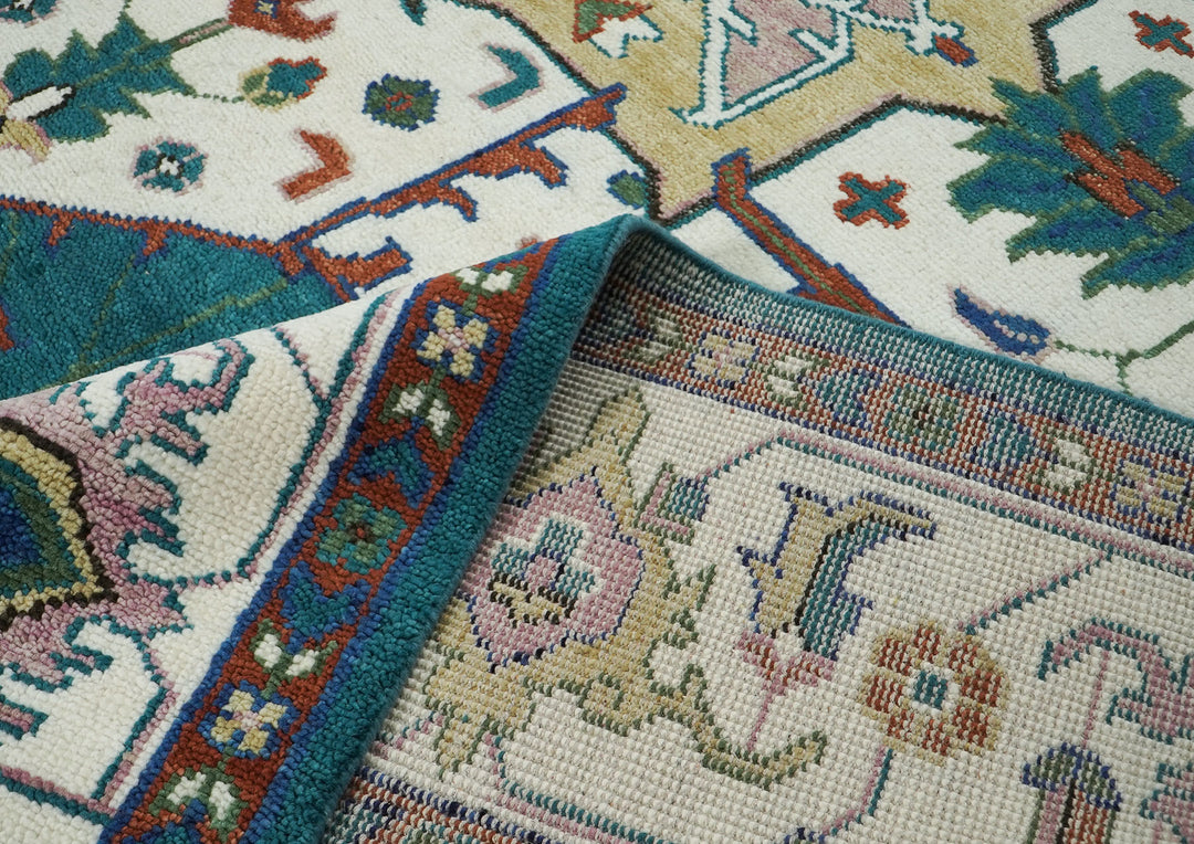 Palace Teal, Ivory, Rust Color Hand Knotted Oushak Wool  Oriental Rug