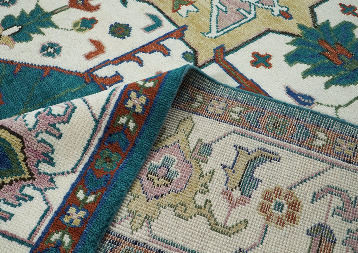 Palace Teal, Ivory, Rust Color Hand Knotted Oushak Wool  Oriental Rug