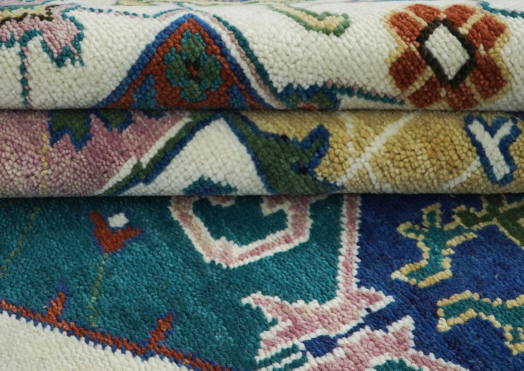 Palace Teal, Ivory, Rust Color Hand Knotted Oushak Wool  Oriental Rug