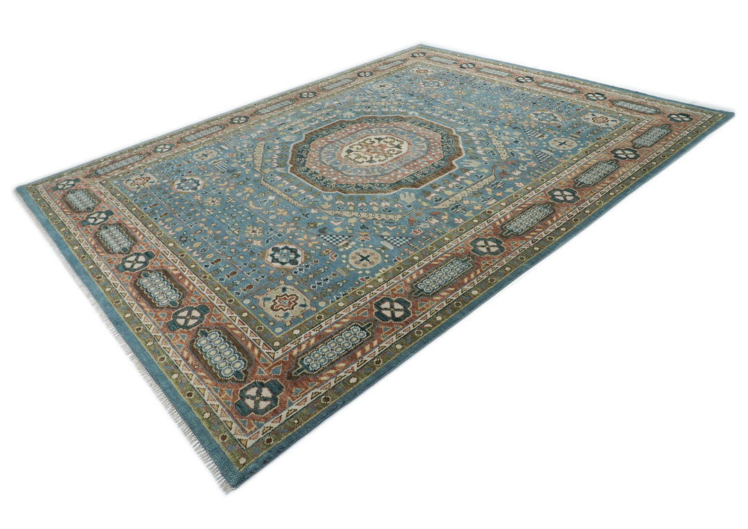 Palace Blue, Rust, Green Color Hand Knotted Oushak Wool Traditional Oriental Rug