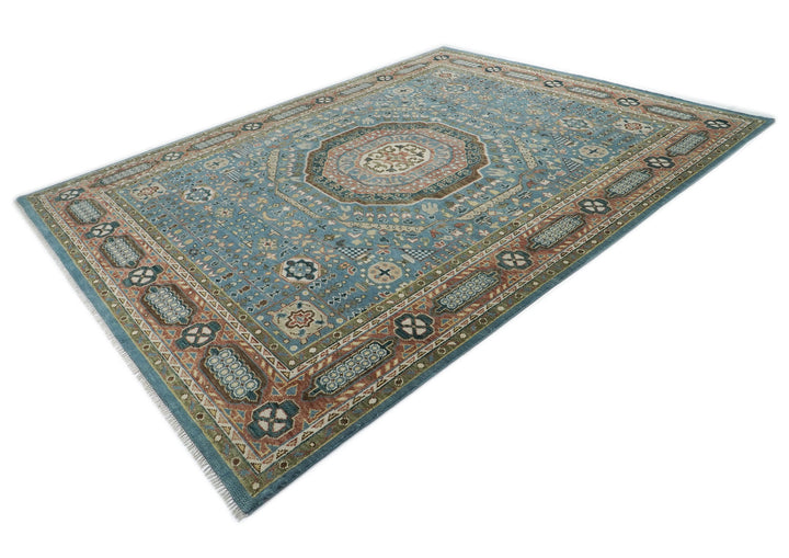Palace Blue, Rust, Green Color Hand Knotted Oushak Wool Traditional Oriental Rug