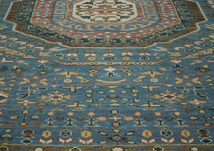 Palace Blue, Rust, Green Color Hand Knotted Oushak Wool Traditional Oriental Rug