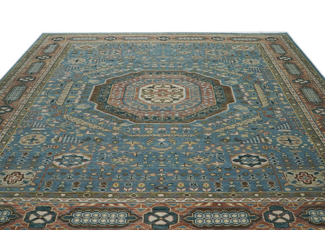 Palace Blue, Rust, Green Color Hand Knotted Oushak Wool Traditional Oriental Rug