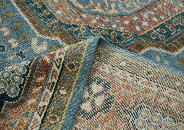 Palace Blue, Rust, Green Color Hand Knotted Oushak Wool Traditional Oriental Rug