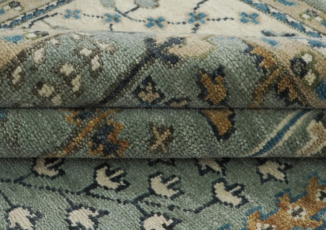 Palace Celadon, Beige, Brown Color Hand Knotted Oushak Wool Transitional Oriental Rug
