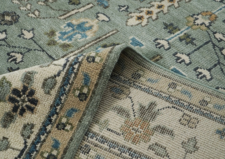 Palace Celadon, Beige, Brown Color Hand Knotted Oushak Wool Transitional Oriental Rug