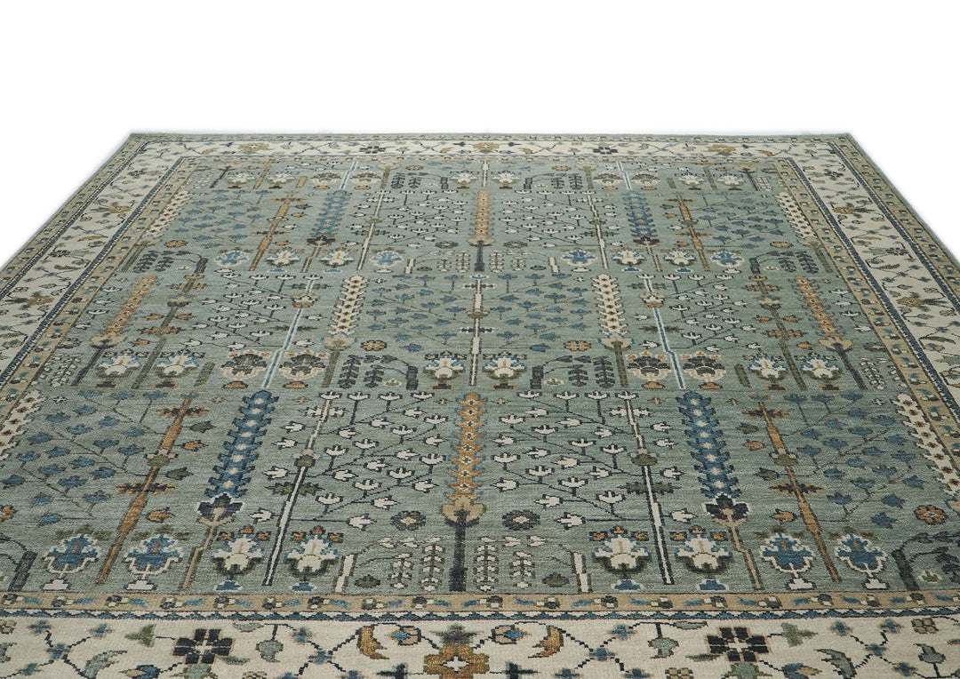Palace Celadon, Beige, Brown Color Hand Knotted Oushak Wool Transitional Oriental Rug