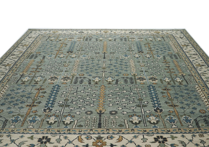 Palace Celadon, Beige, Brown Color Hand Knotted Oushak Wool Transitional Oriental Rug