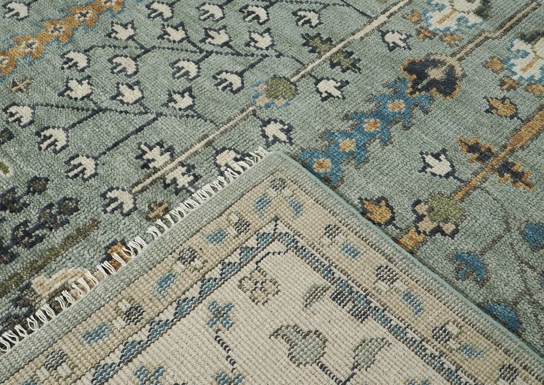 Palace Celadon, Beige, Brown Color Hand Knotted Oushak Wool Transitional Oriental Rug