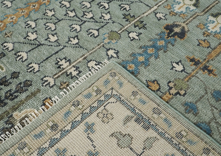 Palace Celadon, Beige, Brown Color Hand Knotted Oushak Wool Transitional Oriental Rug