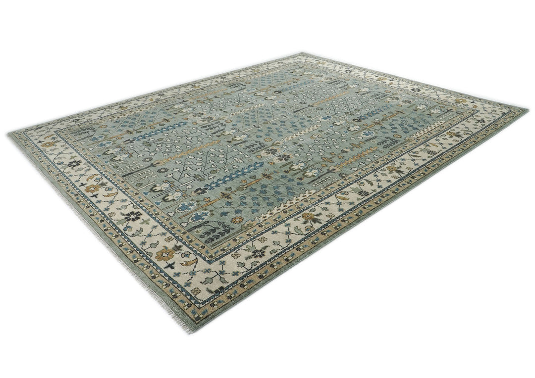 Palace Celadon, Beige, Brown Color Hand Knotted Oushak Wool Transitional Oriental Rug