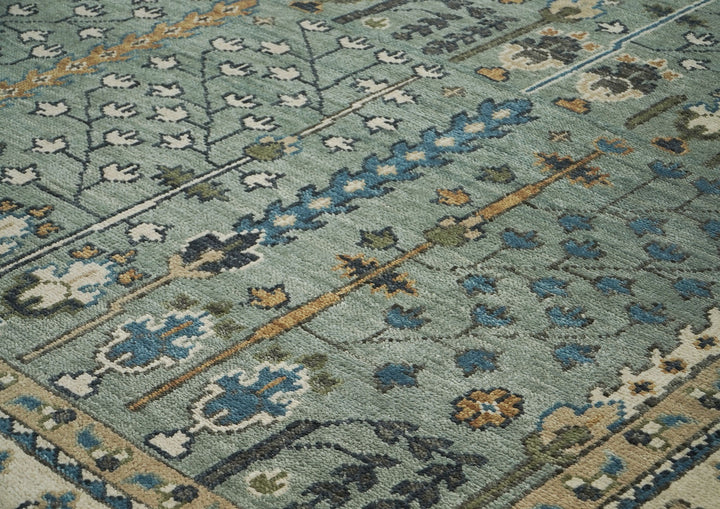Palace Celadon, Beige, Brown Color Hand Knotted Oushak Wool Transitional Oriental Rug