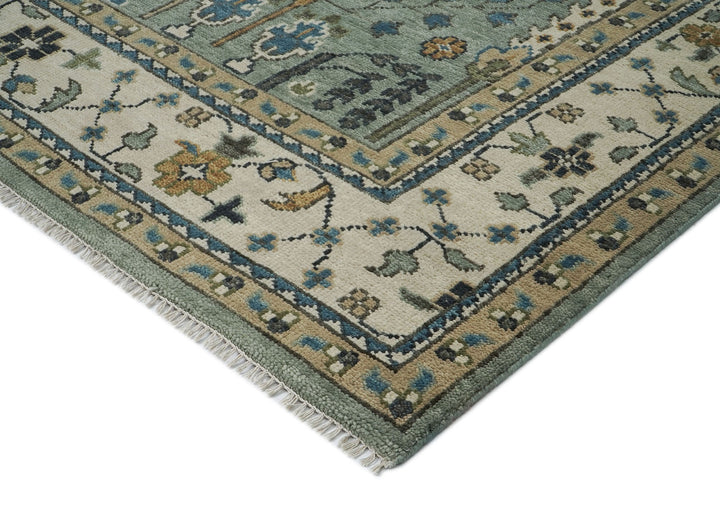 Palace Celadon, Beige, Brown Color Hand Knotted Oushak Wool Transitional Oriental Rug