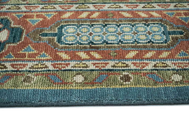 Palace Blue, Rust, Green Color Hand Knotted Oushak Wool Traditional Oriental Rug